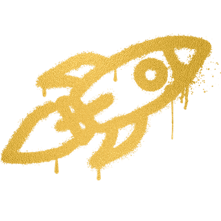 Zu sehen ist eine in gelb handgemalte, nach schräg rechts oben startende, stilisierte Rakete.