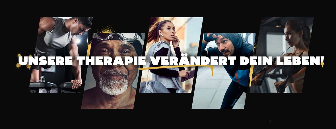 Zu sehen ist eine Graphik mit 5 versetzten Bildern aus den Themengebieten von PhysioSport Köln mit Menschen in Aktion.